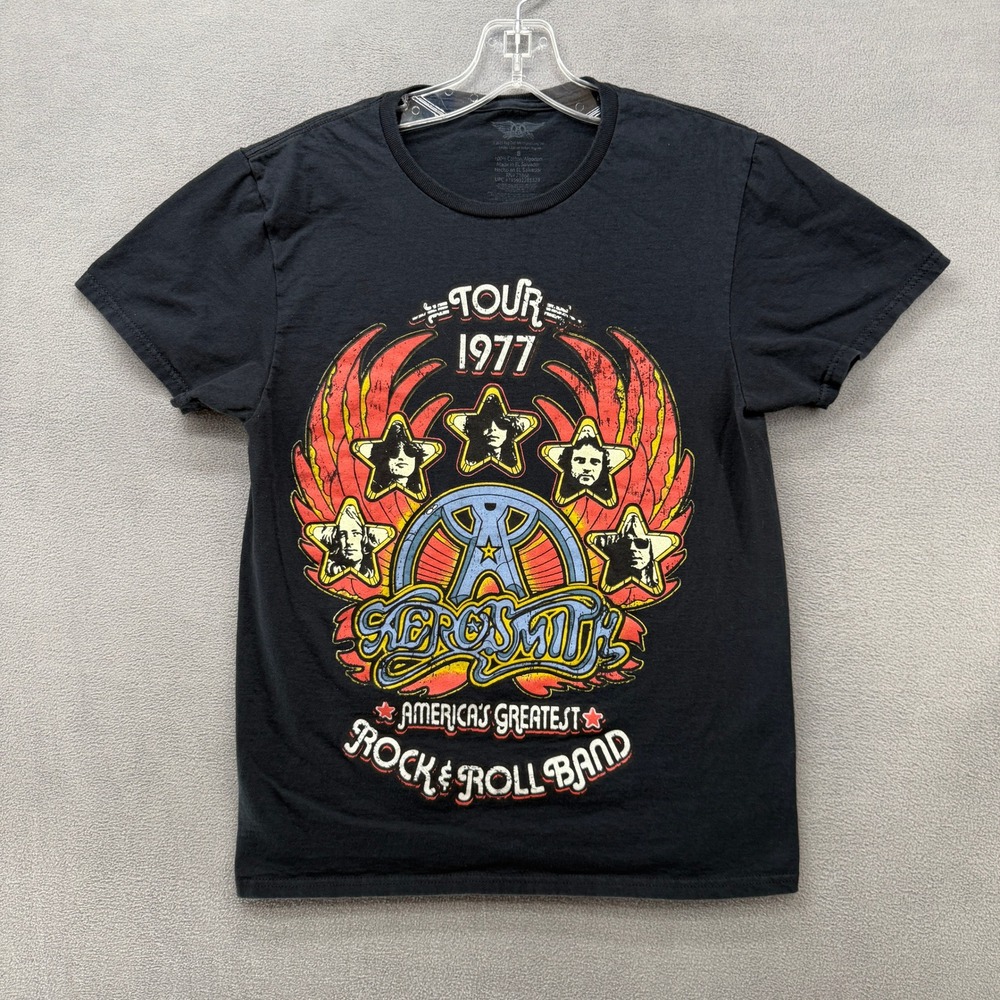 Aerosmith 1977 Tour Graphic T-Shirt Mens Small Black Cotton Rock Band Tee 2023